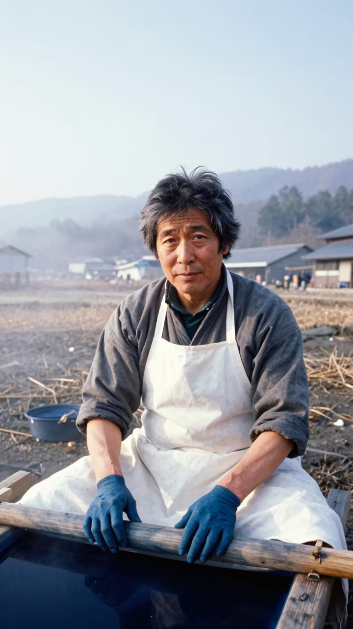 Silk Dyer with Indigo Hands in Toyama in in Toyama
