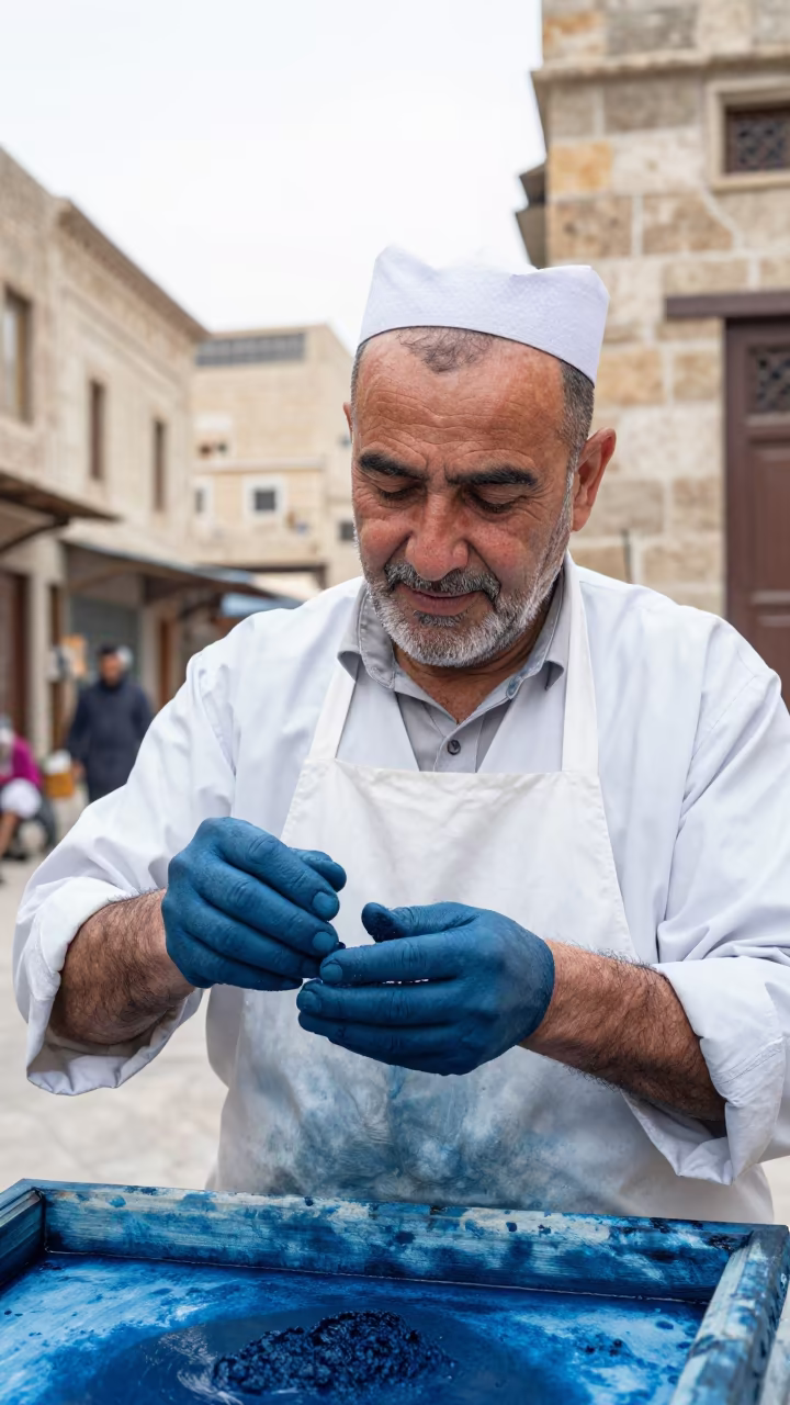 Silk Dyer Indigo Hands White Apron Mosul Frost in along a market lane in Mosul