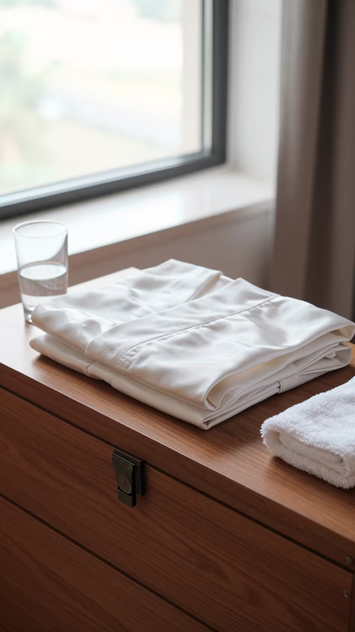 Silk Kimono Folded on Wooden Chest Brazzaville in on a hotel dresser near Brazzaville