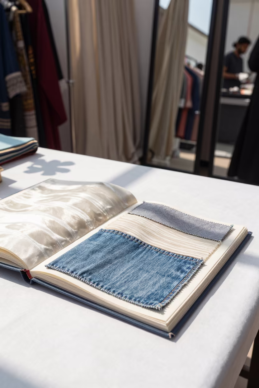 Silk Moire Denim Swatch Book in Karachi Backstage in under runway rehearsal lights in Karachi