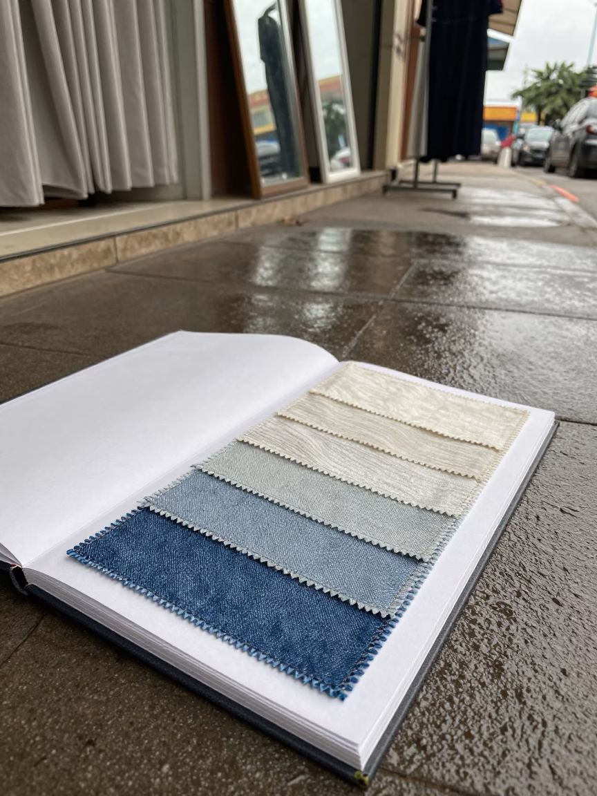Silk Moire Denim Swatches on Banfora Sidewalk in on a rain-darkened city sidewalk in Banfora