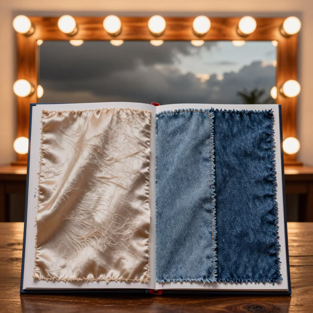 Silk Moire Denim Swatches by Bulb-Lit Mirror in beside a mirror lined with makeup bulbs near San Cristóbal