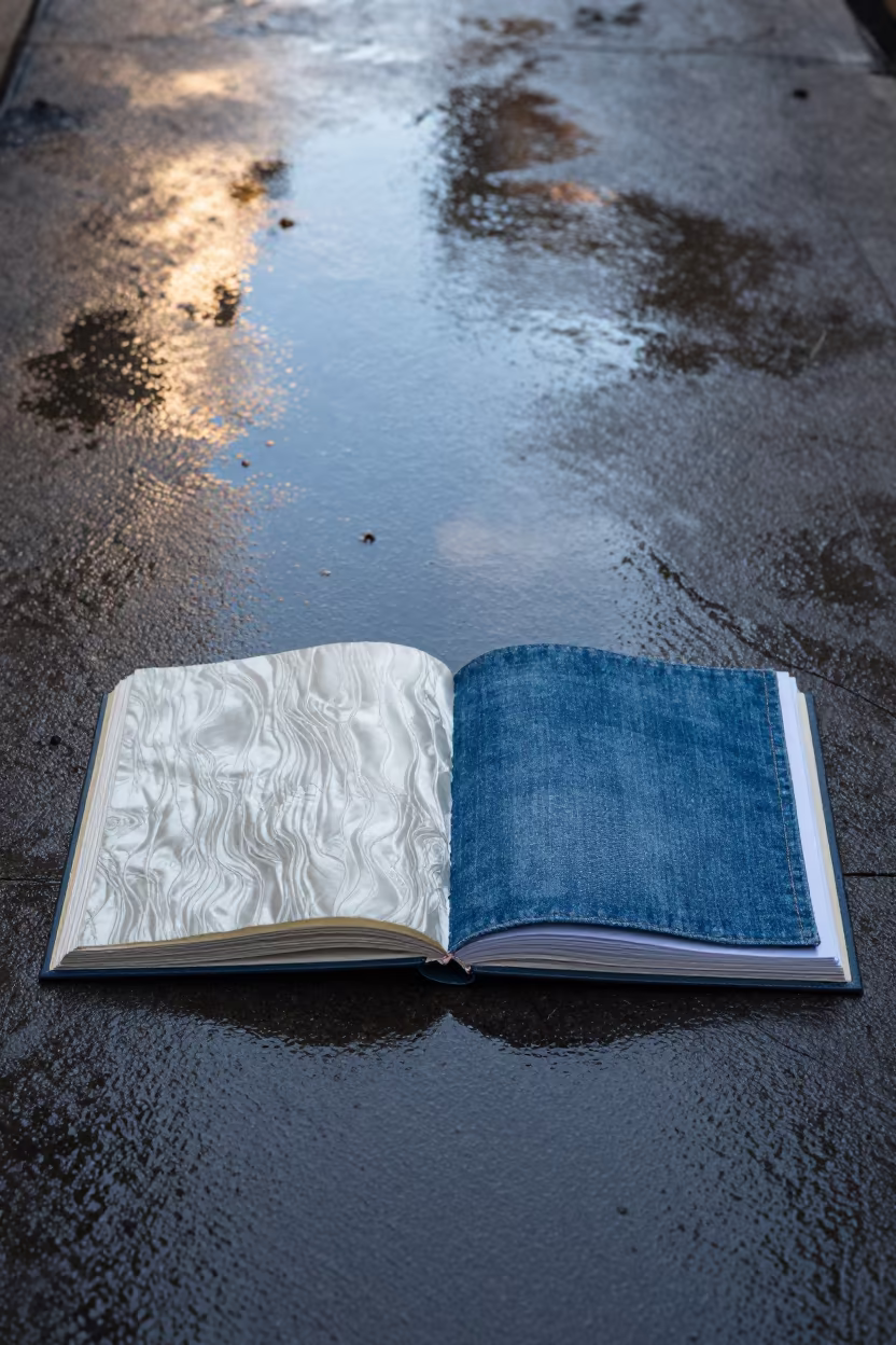 Silk Moire Denim Swatches Rainy Kinshasa Sidewalk in on a rain-darkened city sidewalk in Kinshasa