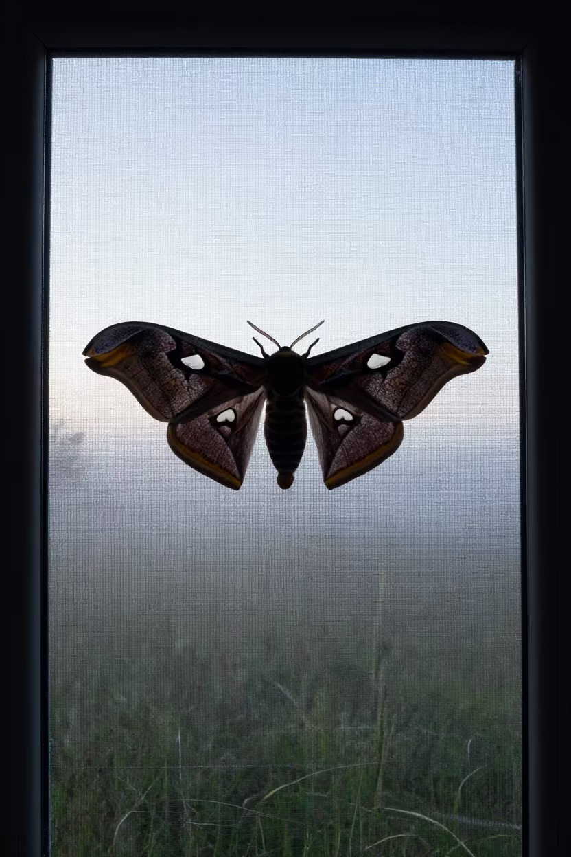 Silk Moth Silhouette on Swedish Screen Door in along a game trail in Sweden