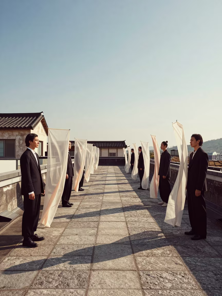 Silk Panels Floating in Late Afternoon Light in in a stone lane between old facades near Yeumbeul Sud