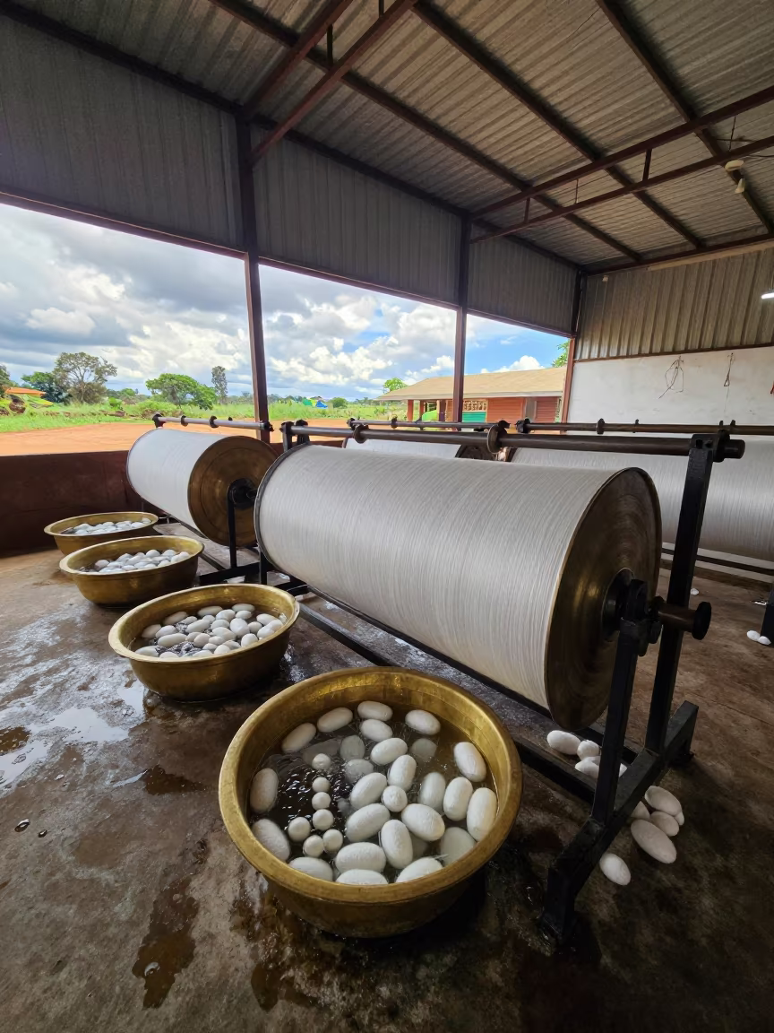 Silk Reeling Factory Near Kampala Under Dramatic Clouds in in a machine shop near Kampala