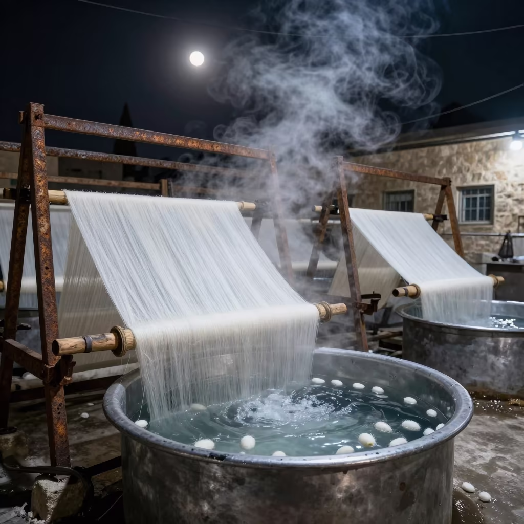 Silk Reeling Factory Night in Damascus in on a factory floor near Damascus