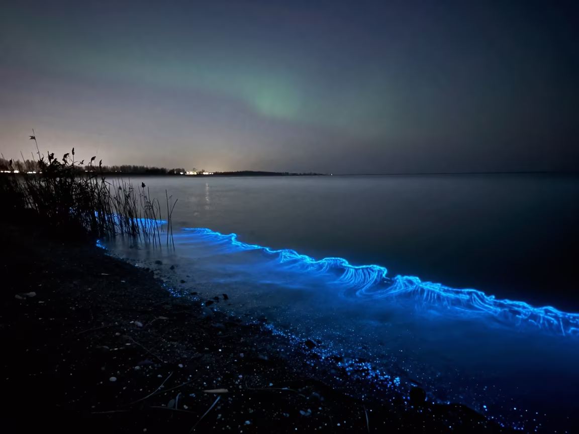 Silk Road Bay Bioluminescent Plankton Night Glow in beneath a moon-washed horizon in the Silk Road