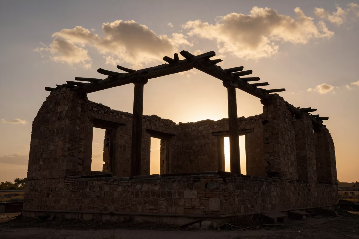 Silk Road Church Ruins Evening Light in among roofless stone chambers in the Silk Road