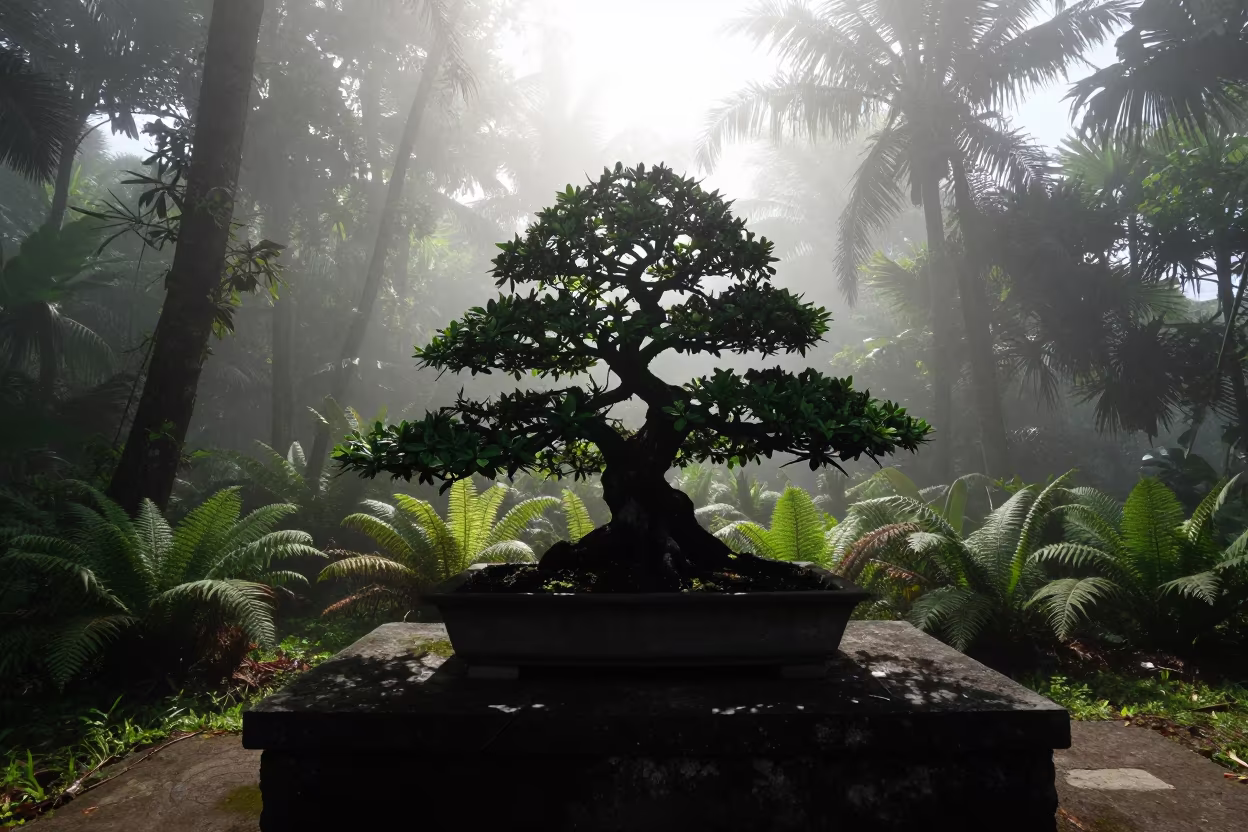 Silk Road Juniper Silhouette in Mist in on a fern-lined forest floor in the Silk Road