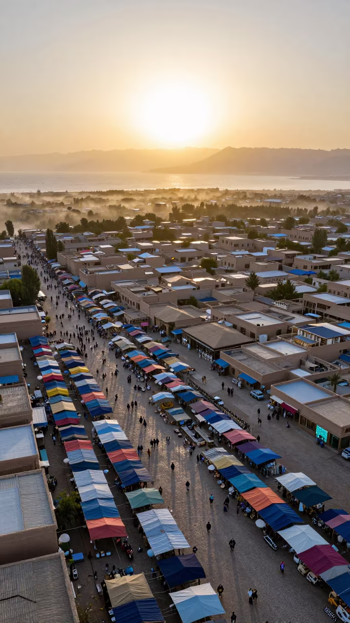 Silk Road Market Square Aerial Sunset Fog in far above surf-scalloped coastline in the Silk Road