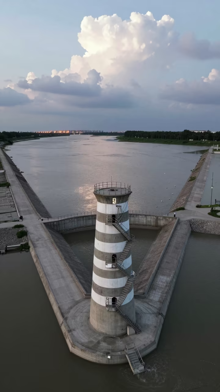 Silk Road Reservoir Tower Noon Sun in along a levee path above floodwater in the Silk Road