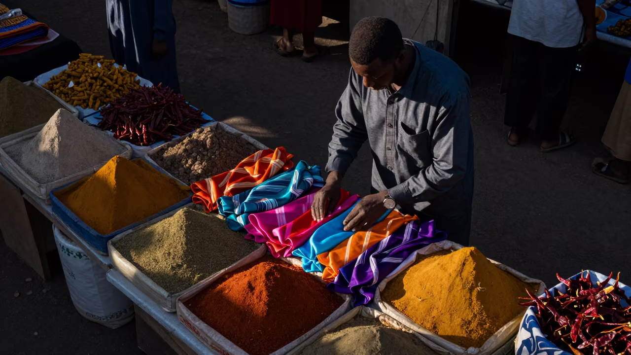 Silk Scarves at N'Djamena Spice Stall in at a spice vendor's table in N'Djamena