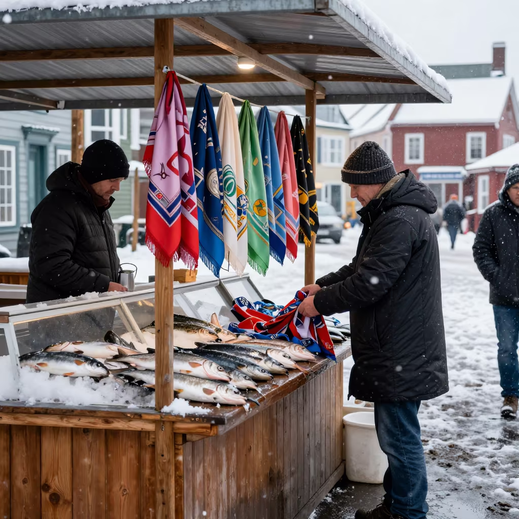 Silk Scarves and Snow in Charlottetown Market in beside a fish counter in Charlottetown