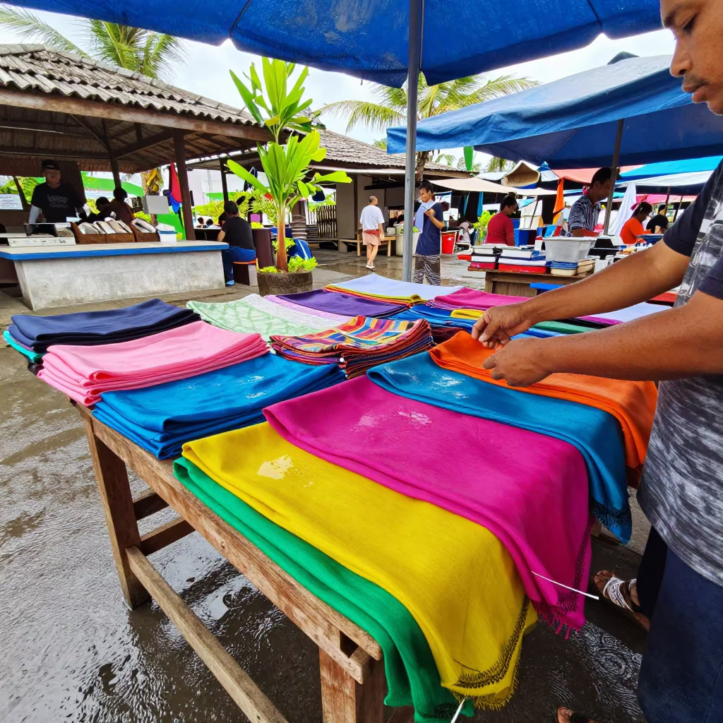 Silk Scarves Vendor at Lombok Bazaar Stall in beside a fish counter in Lombok