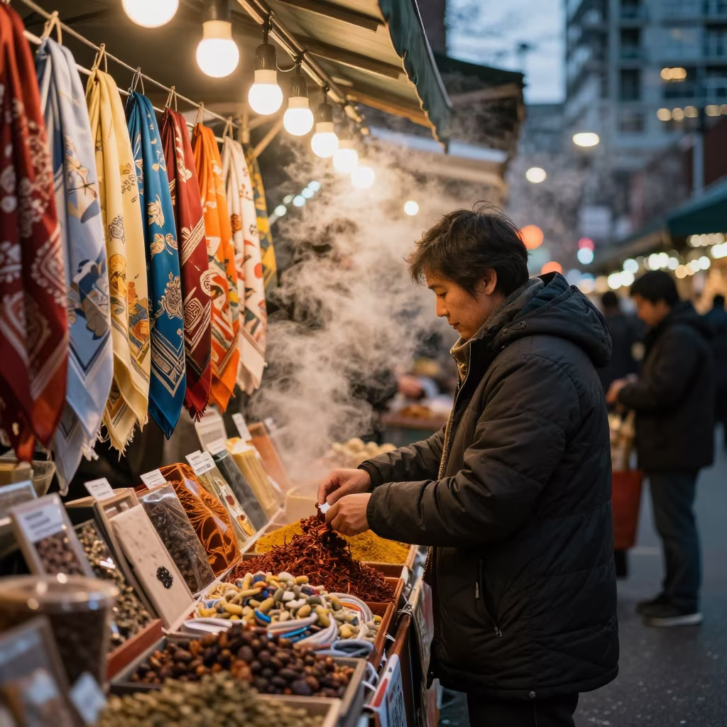 Silk Scarves Vendor at Vancouver Bazaar Stall in at a spice vendor's table in Vancouver