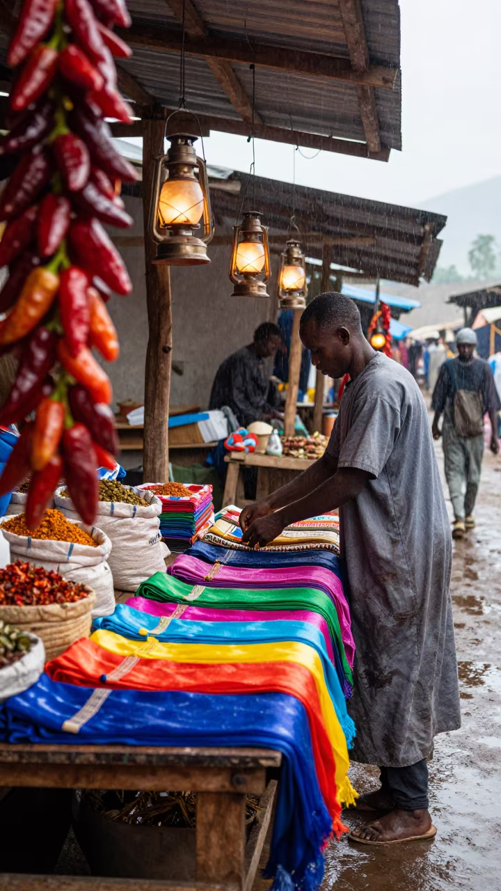 Silk Scarves Arranged at Wolaita Sodo Bazaar Stall in at a spice vendor's table in Wolaita Sodo
