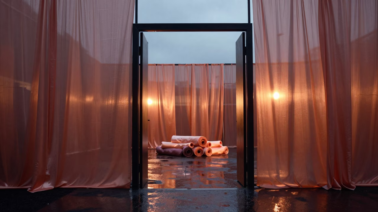 Silk Shirt Fashion Week Doorway Mandsaur Dusk in under runway rehearsal lights in Mandsaur