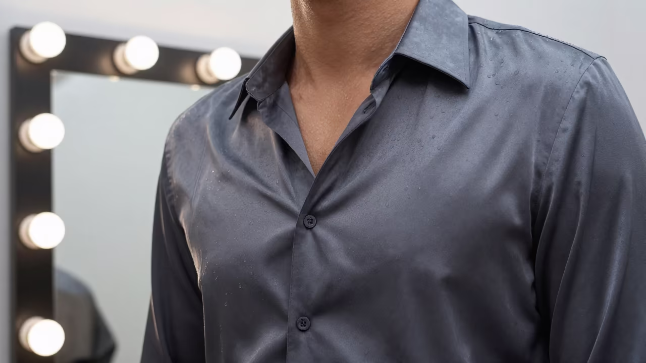 Silk Shirt Lookbook Beside Bulb Mirror Tacna in beside a mirror lined with makeup bulbs in Tacna