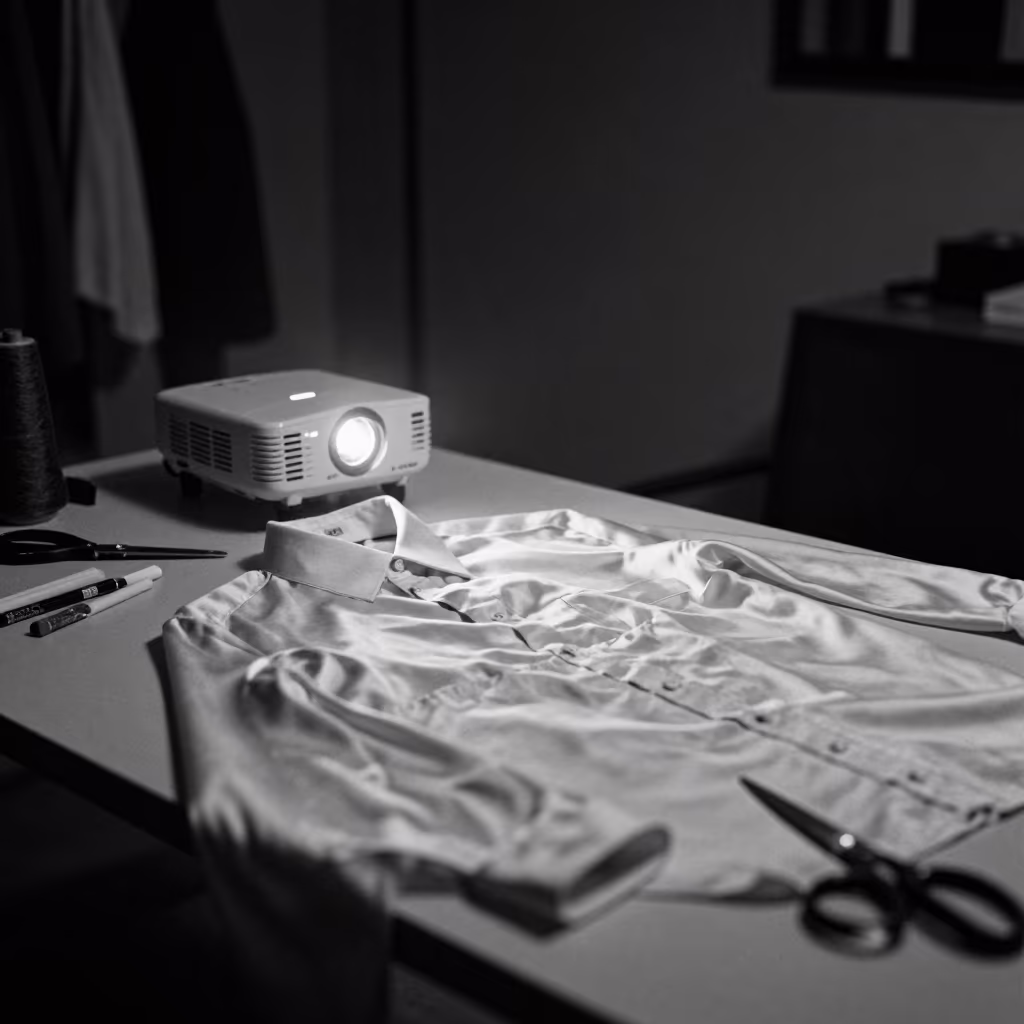 Silk Shirting at Midnight Tailoring Table in at a tailoring table strewn with chalk and shears in Tijuana