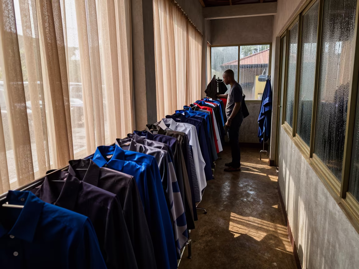 Silk Shirting Rail in Accra Backstage Corridor in in a backstage changing corridor in Accra