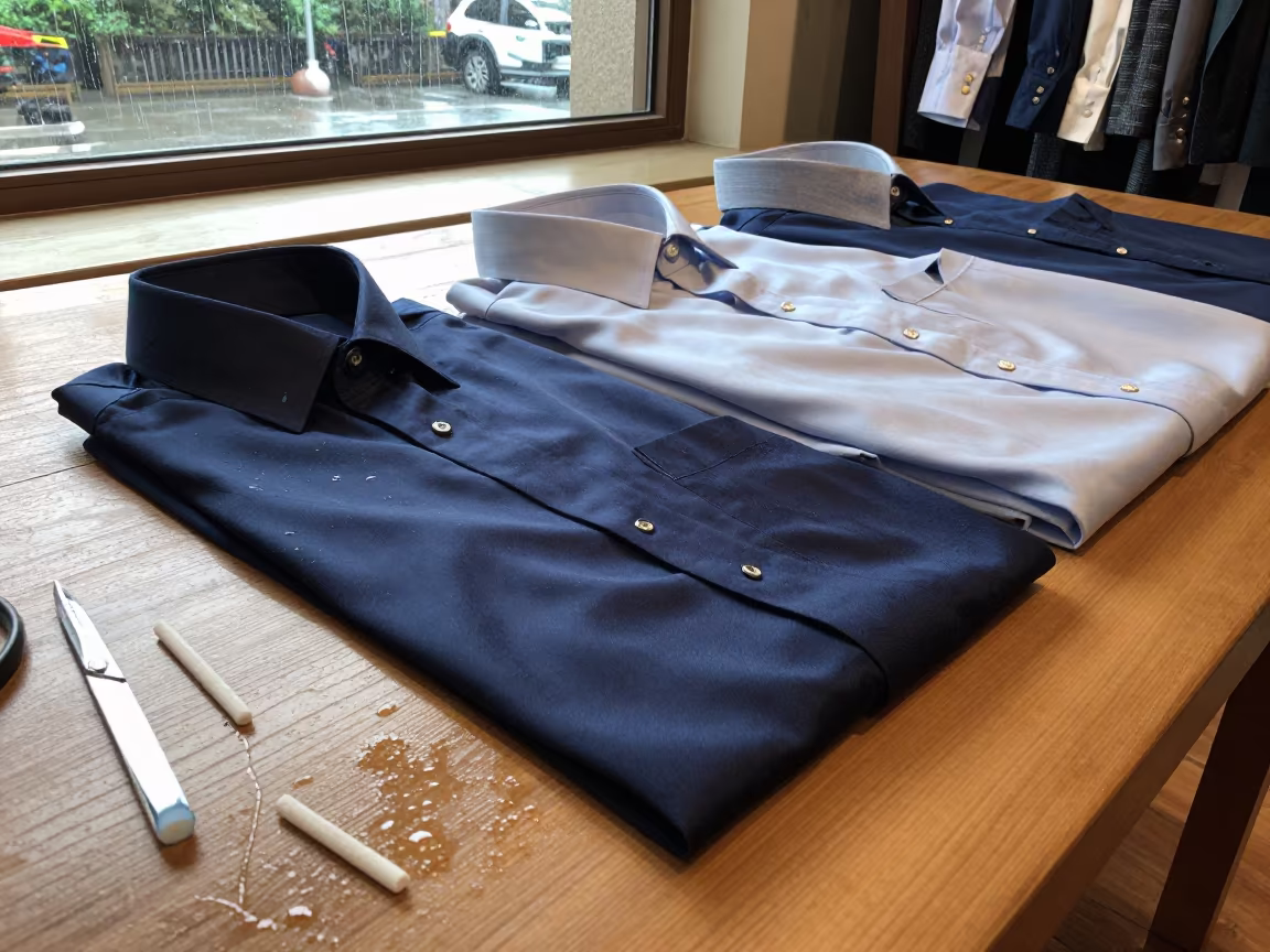 Silk Shirting Runway After Monsoon Rain in at a tailoring table strewn with chalk and shears near Xiamen