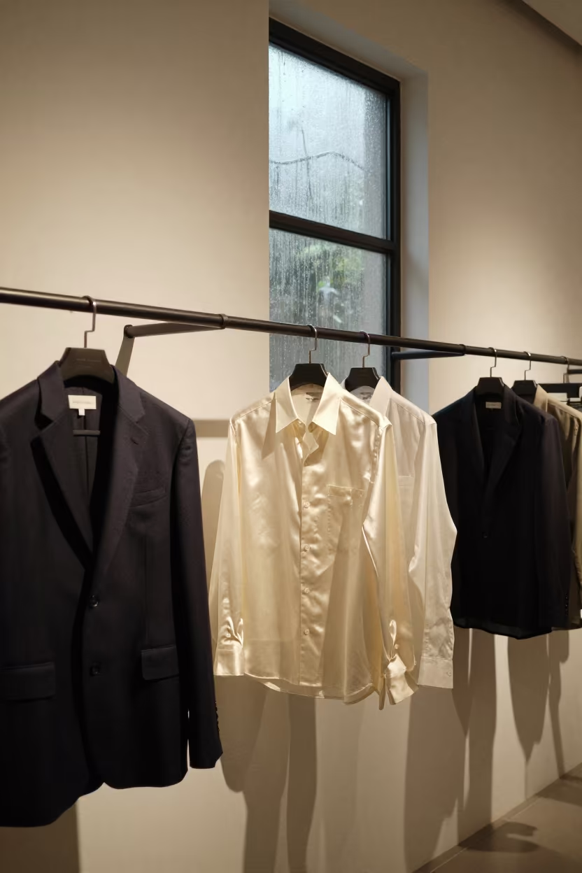 Silk Shirting Runway at Dawn in Nawa Showroom in inside a minimalist showroom in Nawa