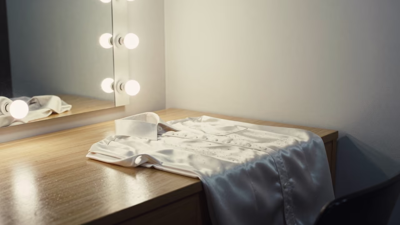 Silk Shirting on Tailor Table Near Jakarta Mirror in beside a mirror lined with makeup bulbs near Jakarta