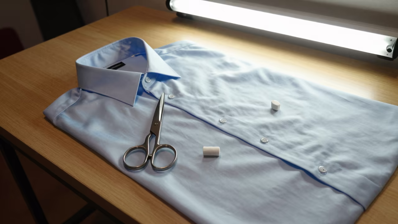 Silk Shirting on Tailor Table in Patna Studio in at a tailoring table strewn with chalk and shears near Patna