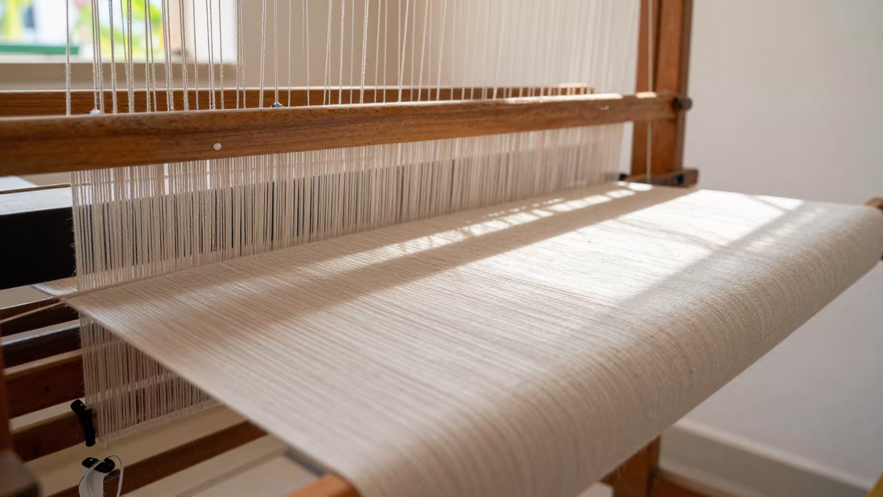 Silk Thread Catching Light on Loom in Callao in against woven linen fibers in Callao