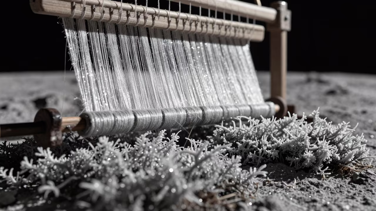 Silk Thread on Moon Moss Under Black Sky in on dew-soaked moss in Guiyang