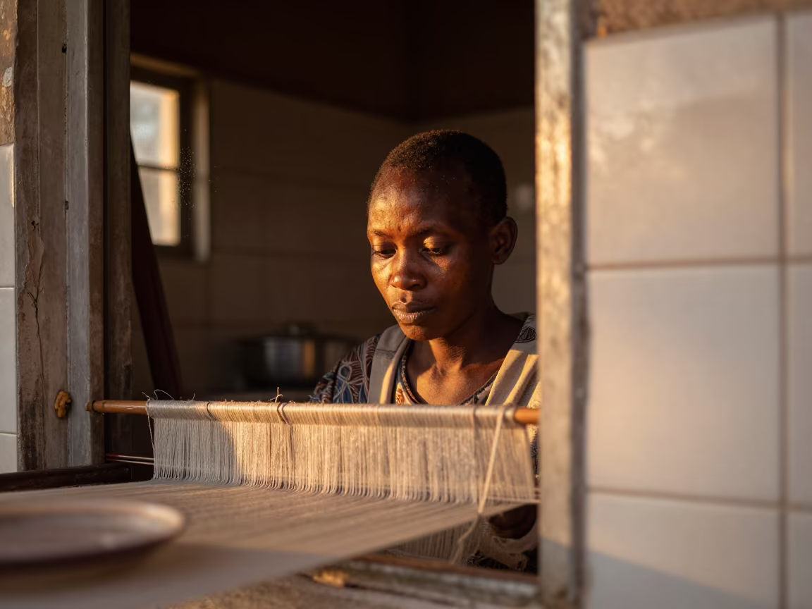 Silk Weaver Face in Juba Kitchen Evening Light in in a tiled kitchen doorway in Juba