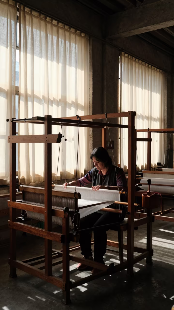 Silk Weaver at Jacquard Loom in Lyon Loft in in a warehouse loft in Lyon