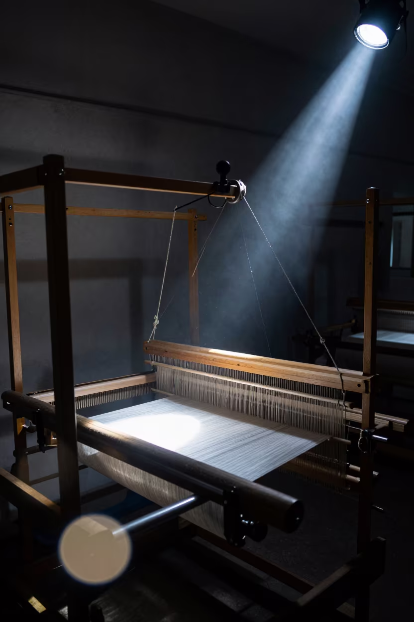 Silk Weaver at Jacquard Loom Lyon Predawn in in a workshop in Lyon