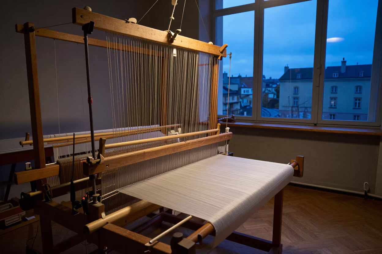 Silk Weaver at Jacquard Loom in Lyon Studio in in a studio in Lyon