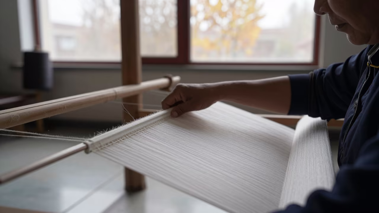 Silk Weaver Portrait in Autumn Dawn Light in in a north-lit studio in Lanzhou