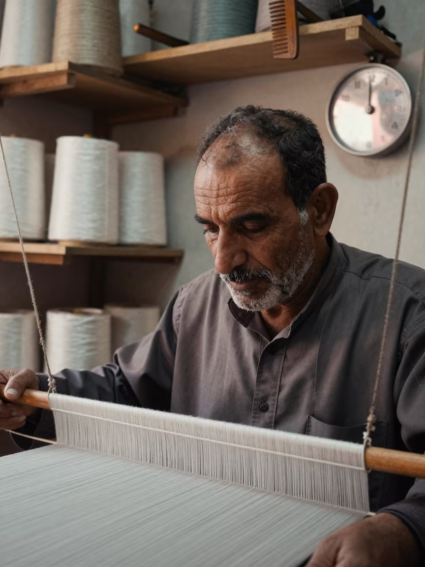 Silk Weaver Portrait in Mit Ghamr Shop in in a modest tailor's shop in Mit Ghamr
