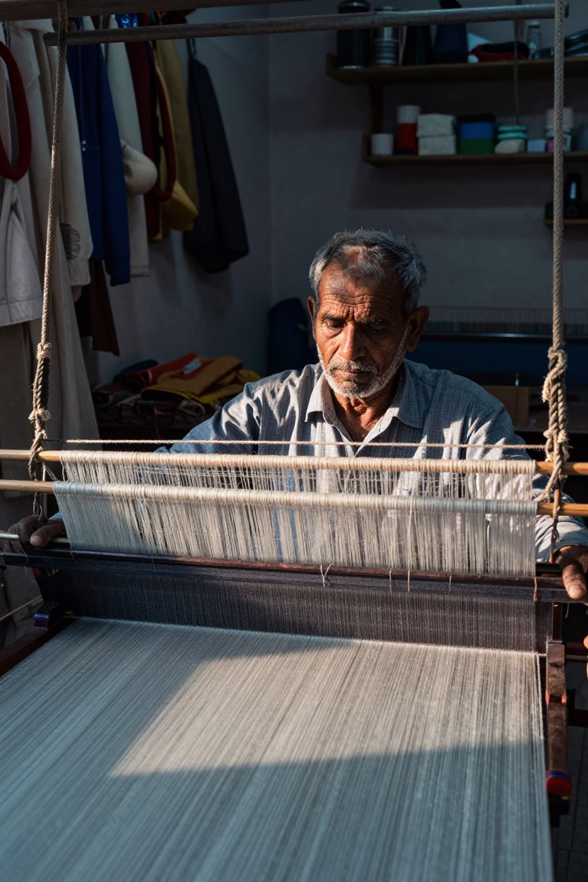 Silk Weaver Portrait in Morning Light in in a modest tailor's shop in Indore