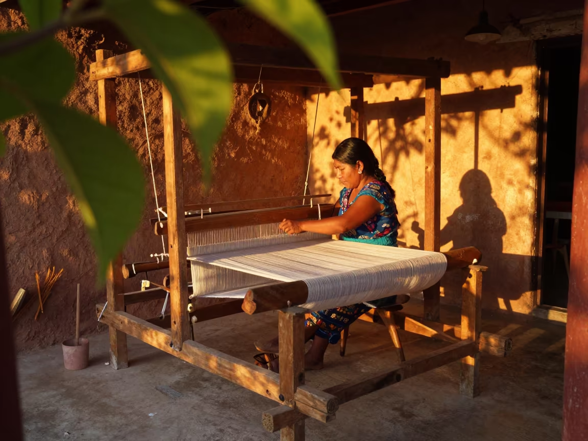 Silk Weaver Working at Sunset in Campeche Atelier in in an atelier in San Francisco de Campeche