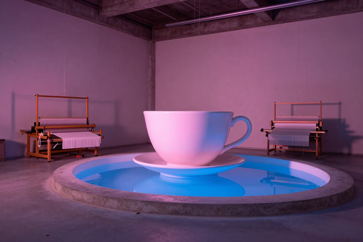 Silk Weaver Twilight Neon Loom Pool Teacup in in a workshop in Lyon