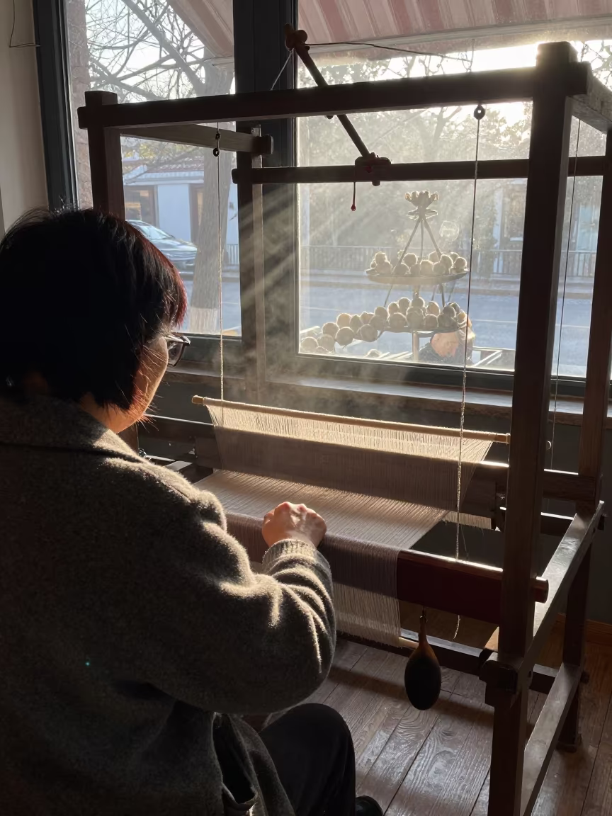Silk Weaver Working in Qingdao Cafe Dawn in in a cafe in Qingdao