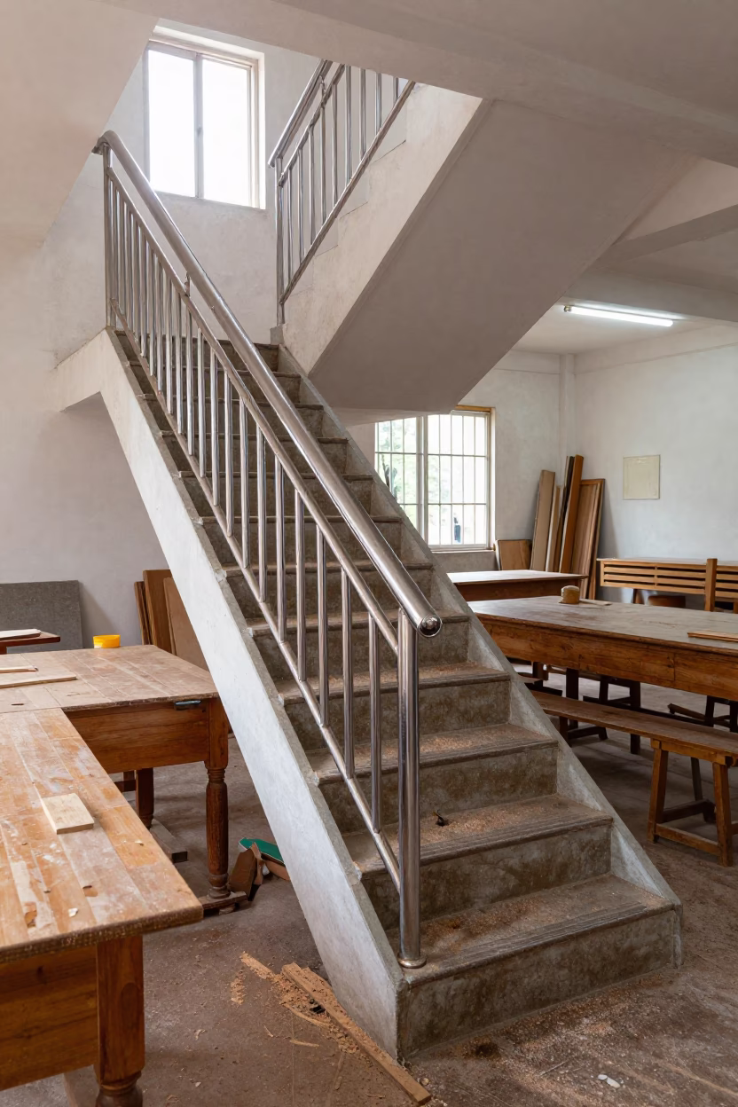 Silky Handrail in Chongqing Woodshop Staircase in in a woodshop classroom in Chongqing