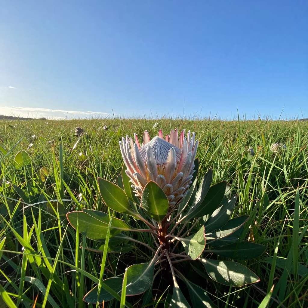 Silky Protea King Bloom in Monsoon Meadow in in a bloom-heavy meadow near Masan