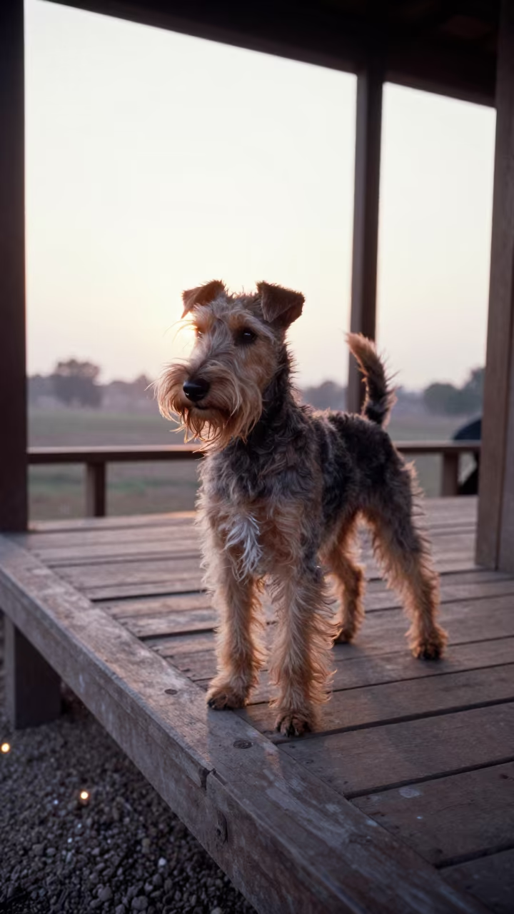 Silky Terrier on Shaded Khairpur Porch at Dawn in on a shaded front porch with boards, railings, and eye-level framing near Khairpur