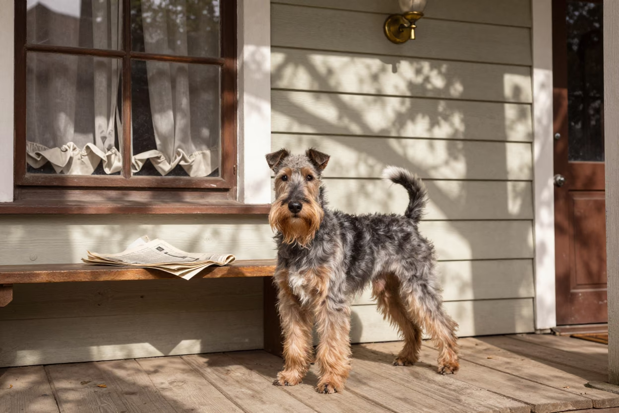 Silky Terrier on Shaded Rzeszów Porch in 1936 in on a shaded front porch with boards, railings, and eye-level framing in Rzeszów