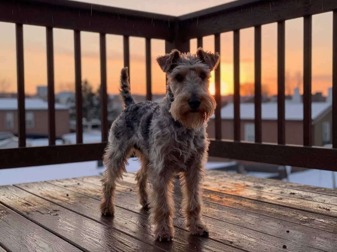 Silky Terrier on Winter Montreal Porch in on a shaded front porch with boards, railings, and eye-level framing in Montreal