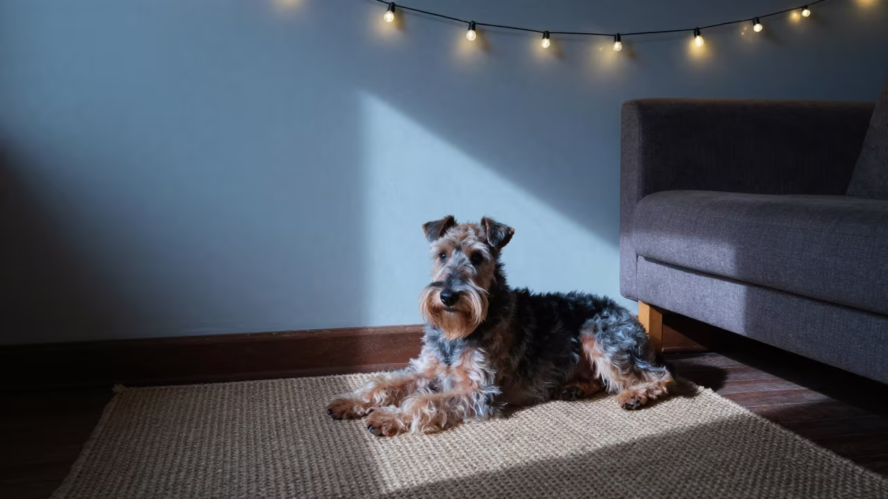 Silky Terrier on Woven Rug Before Dawn in on a woven rug beside a low couch and an uncluttered wall in Bamenda