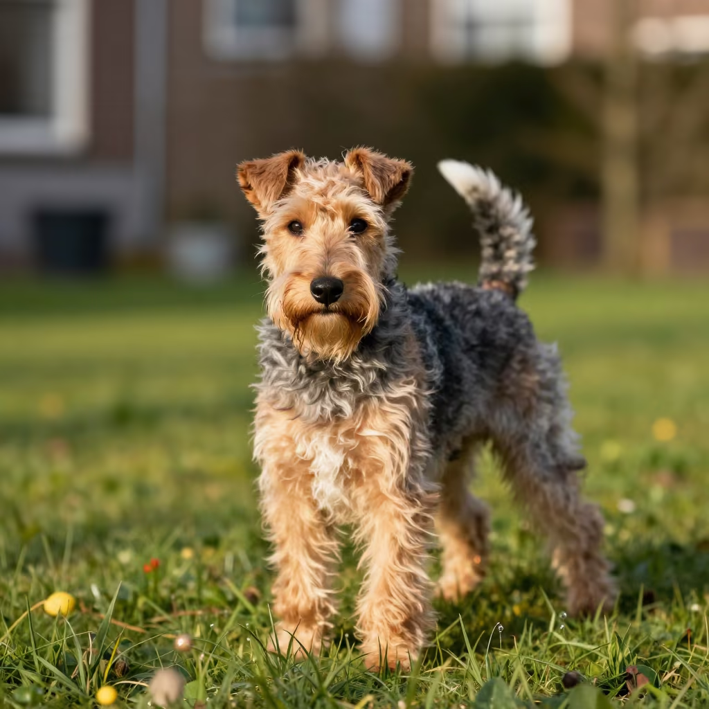 Silky Terrier Portrait in Utrecht Garden Late Afternoon in in a small yard with clipped grass, calm light, and the animal centered in frame in Utrecht
