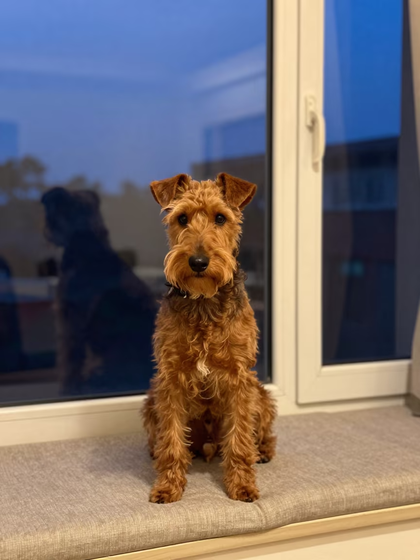 Silky Terrier Portrait on Window Seat Twilight in on a cushioned window seat with soft side light and an uncluttered background in Vizianagaram