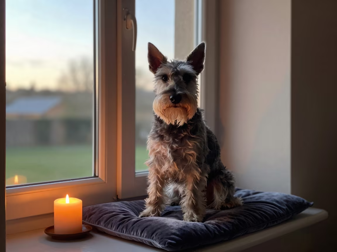Silky Terrier Portrait on Window Seat in on a cushioned window seat with soft side light and an uncluttered background in Wolverhampton